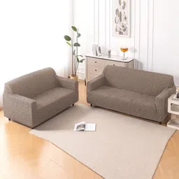 HOKIPO Aria Nova Brown 2 Pieces Self Design 5 Seater Sofa Cover With Arms-picture-23