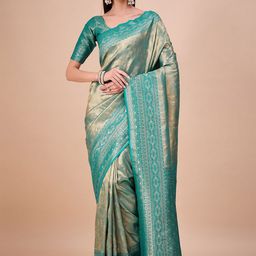 House of Pataudi Ethnic Motifs Woven Design Zari Kanjeevaram Saree with Unstitched Blouse-picture-26
