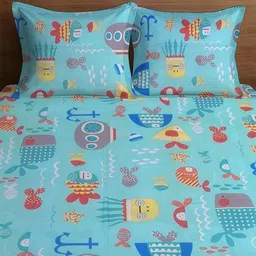 WEAVE AND DECOR Blue Conversational 300 TC King Bedsheet with 2 Pillow Covers image 3