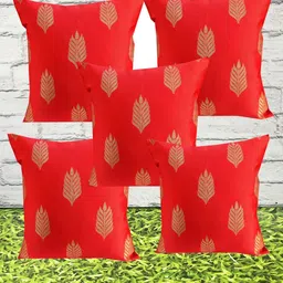 Pink Parrot Red & Gold-Toned Set of 5 Ethnic Motifs Square Cushion Covers-image-53