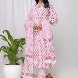 Jaipur Love Women Floral Printed Regular Thread Work Pure Cotton Kurta with Trousers & With Dupatta-picture-35