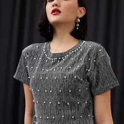 Globus Round Neck Pearl Embellished Detail Lurex Party Crop Top-picture-34