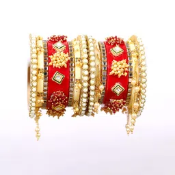 Zindura Set Of 2 Gold-Plated Stones-Studded & Pearls-Beaded Bangles-picture-14