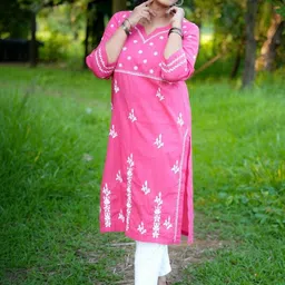 WINK&WISH Ethnic Motifs Embroidered V-Neck Thread Work Pure Cotton Thread Work Kurti-picture-29
