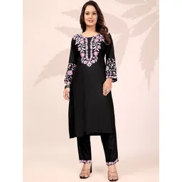 RUDRA LIFESTYLE Women Floral Embroidered Regular Thread Work Chanderi Silk Kurta with Trousers-picture-23