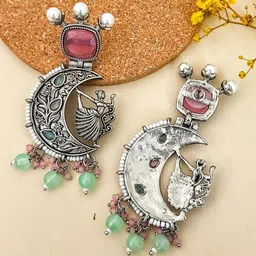 Zeviel Silver-Plated Stones Studded & Beaded Oxidised Crescent Shaped Drop Earrings image 4