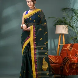 DESH BIDESH Woven Design Zari Pure Cotton Taant Saree With Blouse Piece image 4