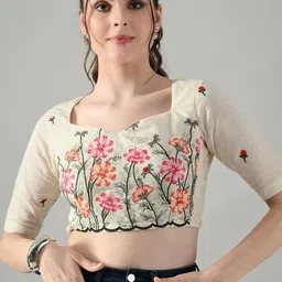 Kalini Women Off White Multicolor Thread Embroidered Saree Blouse image 5