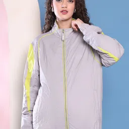 HOUSE OF VEDAS Women Mock Collar Striped Windcheater Bomber Jacket-picture-18