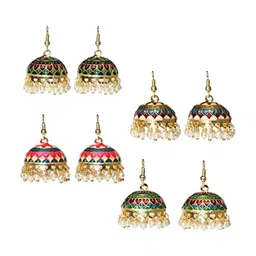 ADORN Set Of 4 Gold-Plated Dome Shaped Meenakari Jhumkas-picture-36