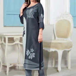 MOJILAA Floral Printed Round Neck Sequinned Straight Kurta With Trousers image 3