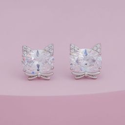 Kushal's Fashion Jewellery Rhodium-Plated Cat Shaped Zircon Studded Studs Earrings-picture-5