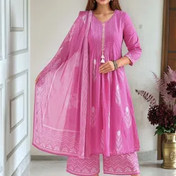 DIVASTRI Ethnic Motifs Printed Thread Work A-Line Kurta With Palazzos & Dupatta image 3