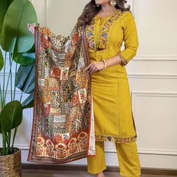 THE52 Floral Yoke Design V-Neck Straight Kurta With Trousers & Dupatta image 5