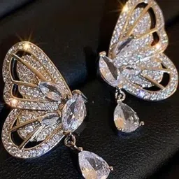 Estailo fashion Set Of 3 Gold-Plated Artificial Stones Studded & Beaded Butterfly Studs image 2