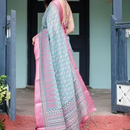 all about you Floral Printed Zari Pure Linen Saree image 5