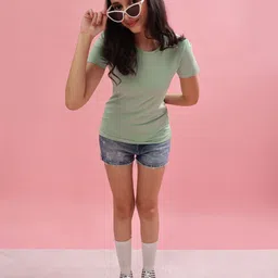 dollar Women Solid Crew Neck Cotton Blend Light Green T-Shirt image 3