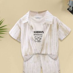 FOREVER FRIDAY Boys Striped Pure Cotton T-shirt and Shirt with Shorts-picture-39