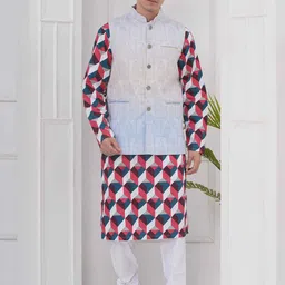 Sethukrishna Men Geometric Printed Regular Kurta with Churidar & Nehru Jacket-picture-30