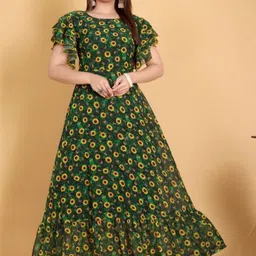 KRIVANSH STORE Floral Print Flutter Sleeve Ruffled Georgette A-Line Maxi Dress image 4