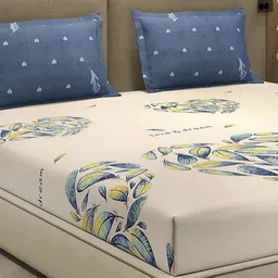 Monte Carlo Beige & Blue Printed Cotton 110 TC Queen Bedsheet Set 2.24 m x 2.54 m-picture-41