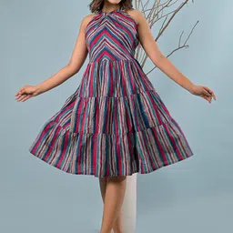 ARAVALII Graphic Printed Halter Neck Fit & Flare Dress-image-27