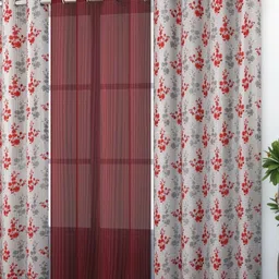 Galaxy Home Decor Maroon & White 3 Pieces Floral Printed Sheer Long Door Curtains-picture-12