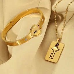 SALTY Stainless Steel Golden Lock & Key Love Bracelet & Necklace Set for Women & Girls-picture-14