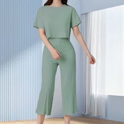 QENY Women Green Polyester Solid Crop Top With Trousers Co-Ord Set-picture-39