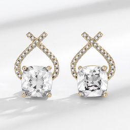 VAGHBHATT Gold-Plated CZ Studded Geometric Cushion-Cut Studs With Crossover Crystal Arch-picture-6
