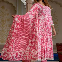 KALINI Women Floral Printed Regular Sequinned Pure Cotton Kurta with Trousers & Dupatta image 5