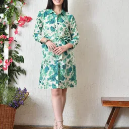 DECKEDUP Vacation Vibe Floral Printed Belted Three-Quarter Sleeves Cotton Shirt Dress-image-67