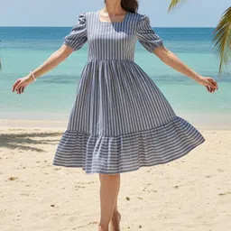 Tzelynn Striped Puff Sleeve A-Line Dress-picture-18