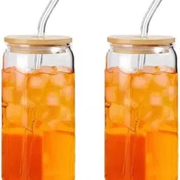 artifice (Pack of 2) Glass Coffee Mug With Glass Straw Tumbler Mug With Lid Glass Water/Juice Glass-picture-29