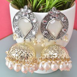MEIRA JEWELLERY Silver-Plated Stones Studded & Beaded Oxidised Dome Shaped Jhumkas-picture-40