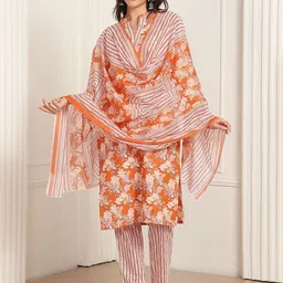 DUMMY SHAPE Women Floral Printed Regular Pure Cotton Kurta with Trousers & With Dupatta-image-32