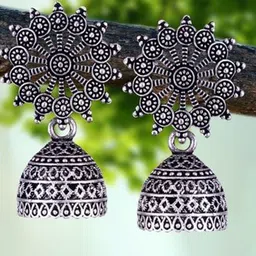 MEENAZ Set of 5 Silver-Plated Oxidised Peacock Shaped Jhumkas-image-98