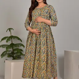 FASHION SWAG Floral Printed Pure Cotton Maternity Fit & Flare Maxi Ethnic Dress image 3