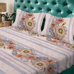 Arrabi Multicoloured & Grey Floral 350 TC Bedsheet with 2 Pillow Covers image 4