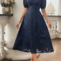 kpop Navy Blue Floral V-Neck Puff Sleeves Fit & Flare Midi Dress-picture-30