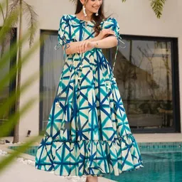 GLOSIA DESIGN Geometric Printed Round neck Puff Sleeve Fit and Flare Maxi Dress image 4