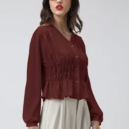 SHOWOFF Women Maroon Solid Cotton Cinched Waist Tops image 2