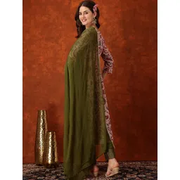 Sangria Floral Printed Pleated Thread Work Straight Kurta with Trouser & Dupatta image 3