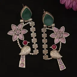ABDESIGNS Silver-Plated Stone Studded & Beaded Classic Drop Earrings-picture-23
