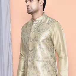 MAAHI FABS Mandarin Collar Straight Kurta with Pyjamas & Abstract UV Printed Nehru Jacket image 3