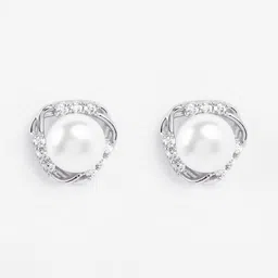 Clara 925 Sterling Silver Rhodium-Plated Contemporary Pearls Studded Earrings image 2