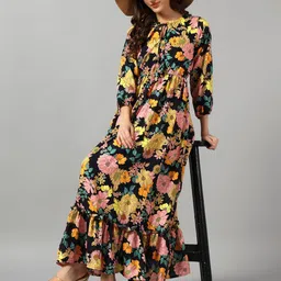 Krunal Raiyani Floral Printed Tie-Up Neck Crepe Fit & Flare Maxi Dress-image-35