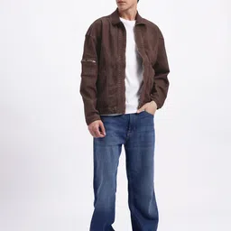 glitchez Spread Collar Oversized Denim Jacket with Pocket Detail image 2