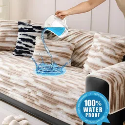 DREAM CARE Beige & Cream-Coloured Striped Polyester 3 Piece Sofa Cover With Arms image 5