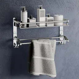 nexanest by nexanest Wall-Mounted Bathroom Shelf with Towel Bars & Hooks - Stainless Steel Organizer Chrome finish Towel Holder-picture-27